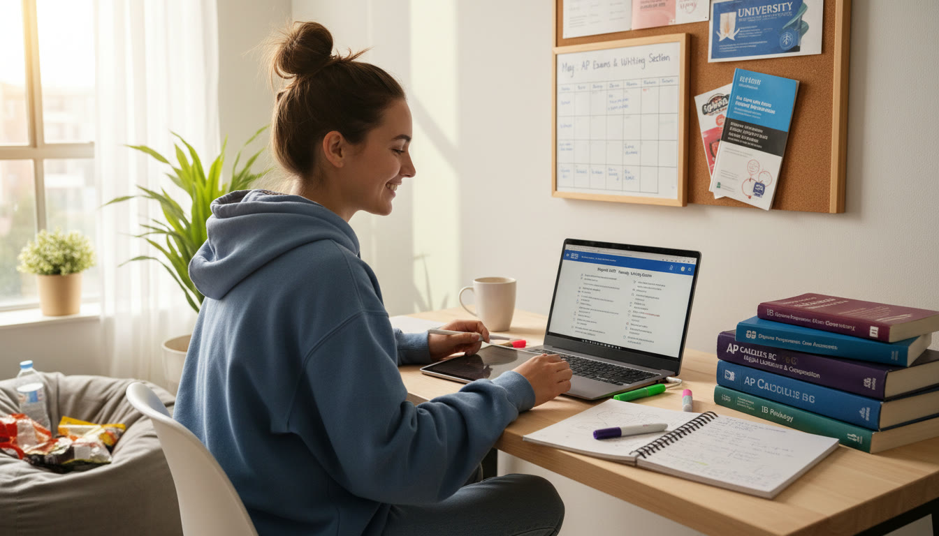 Photo Idea : A bright study nook with an IB student working at a desk surrounded by AP textbooks and a laptop showing a Digital SAT practice test captures the dual-prep experience and focused energy.