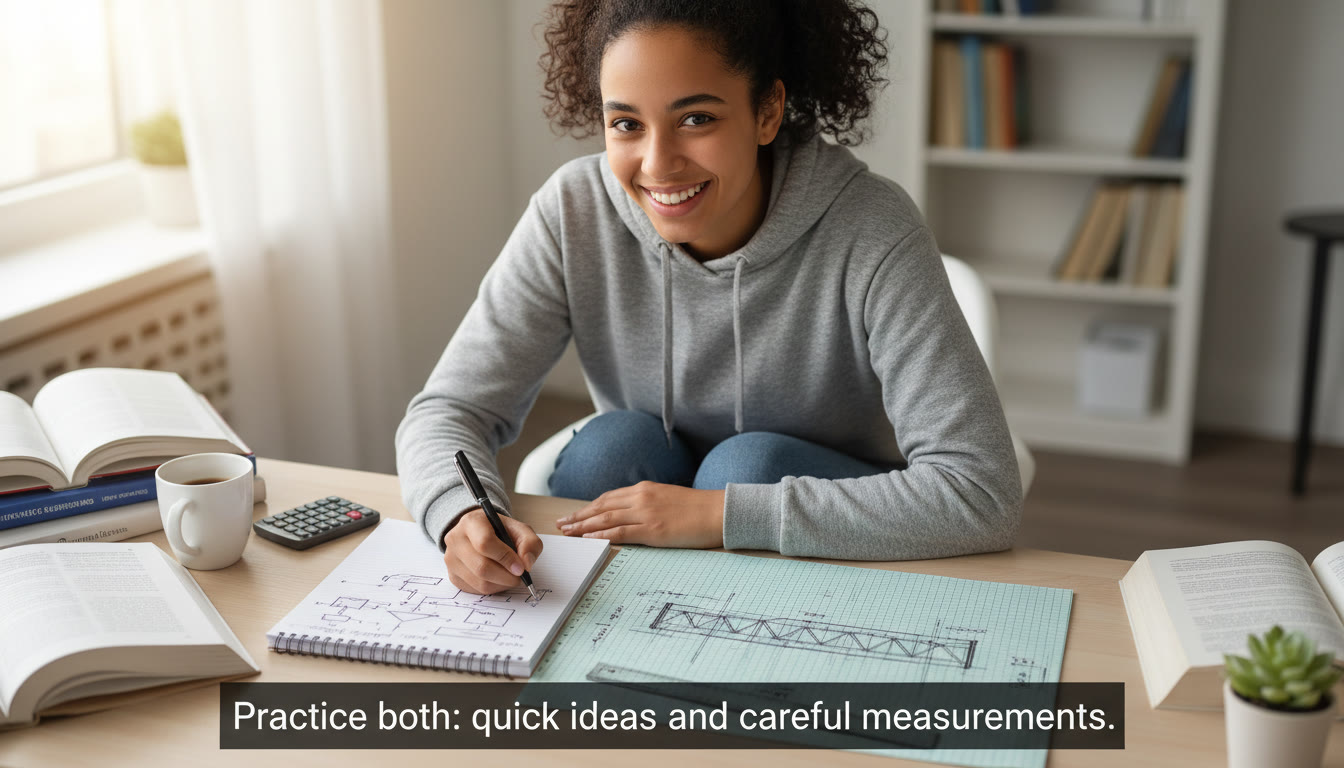 Photo Idea : A student at a desk mid-solve, with a tidy schematic on a notepad and a neatly measured to-scale diagram on graph paper, pen in hand. Caption suggestion: