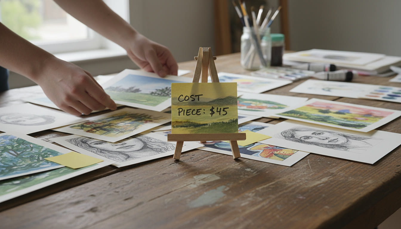 Photo Idea : A close-up detail of hands arranging finished artworks on a table with a price-tag-like sticky note showing cost-per-piece — visually connects budgeting to finished outcomes and portfolio planning.