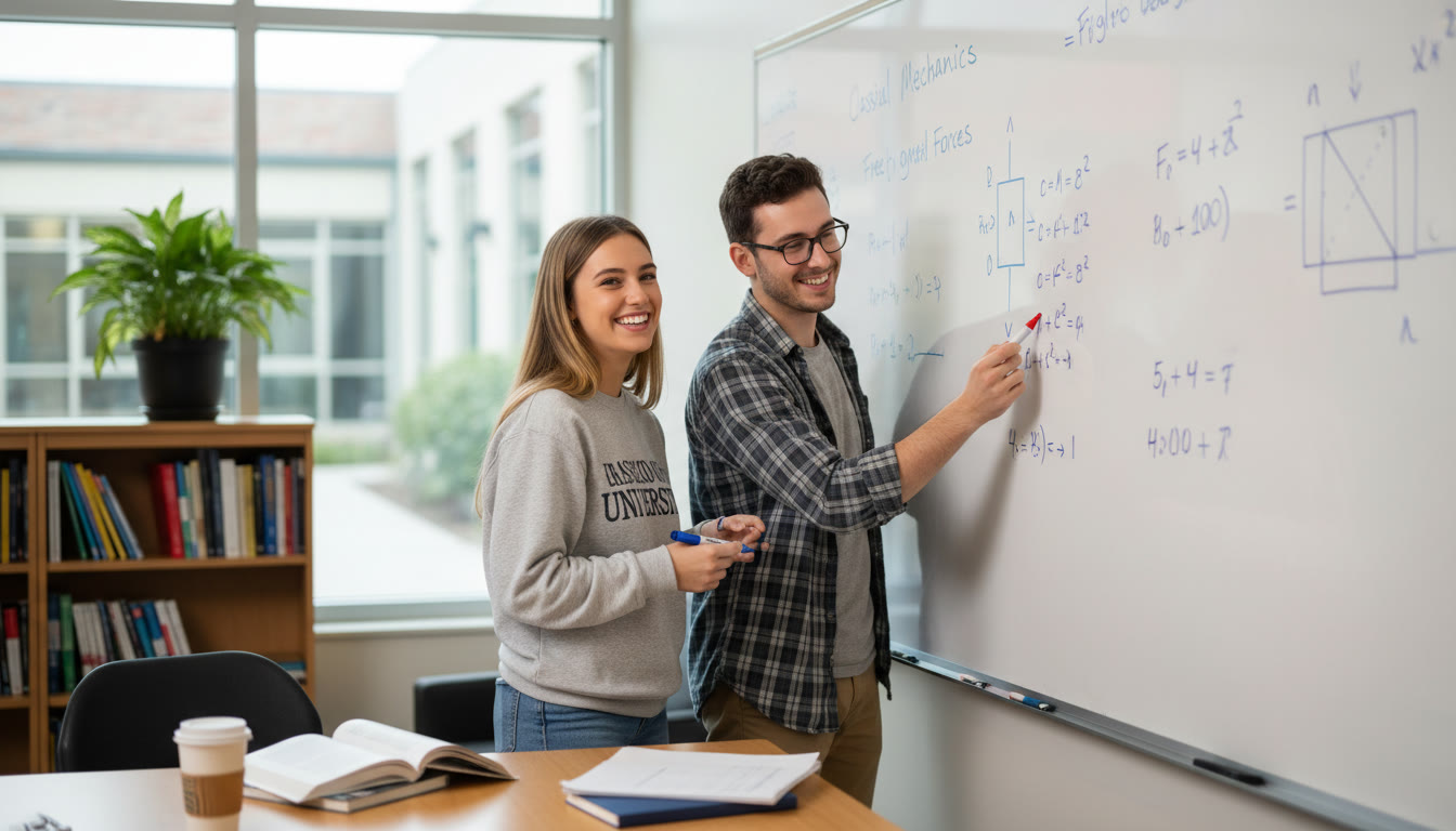 Photo Idea : Mid-article image of a student working through an AP Physics problem on a whiteboard while a tutor guides them—emphasizes problem-solving and the value of 1-on-1 guidance.