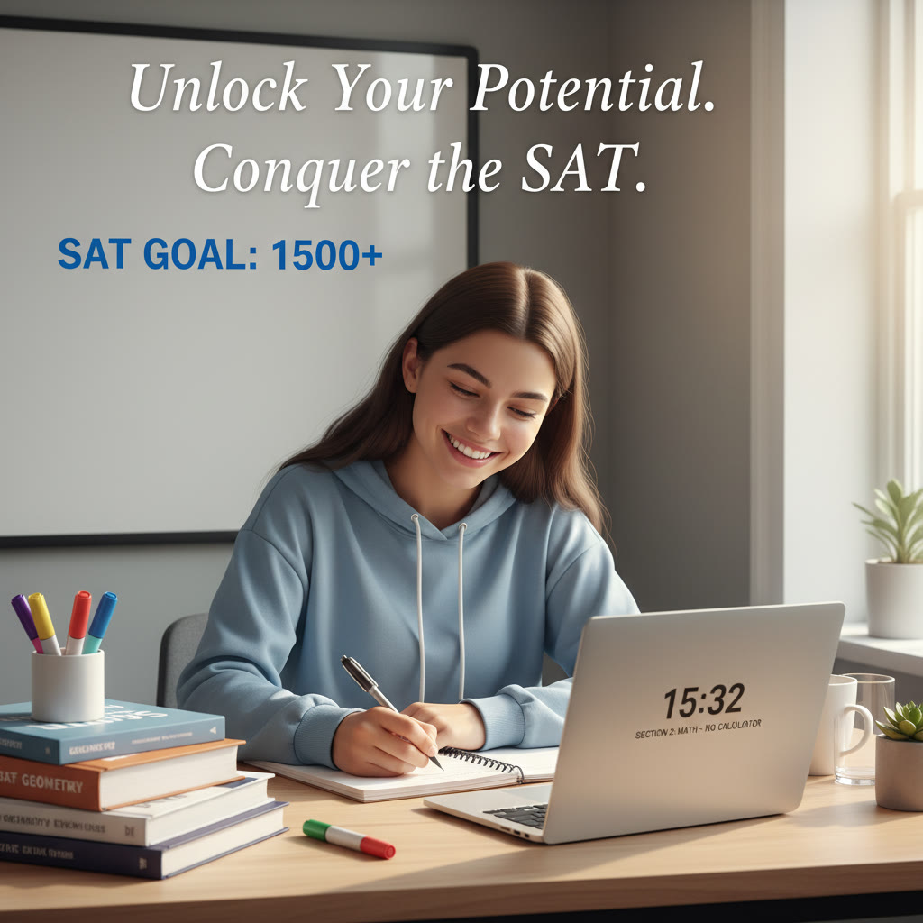 Student at a desk surrounded by neatly organized study materials and a laptop, smiling while taking notes during a timed practice section.