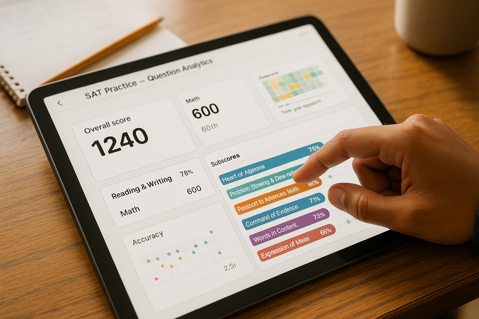 Photo Idea : A close-up of a digital SAT practice interface on a tablet showing question analytics, with a student's hand pointing to a subscore chart.