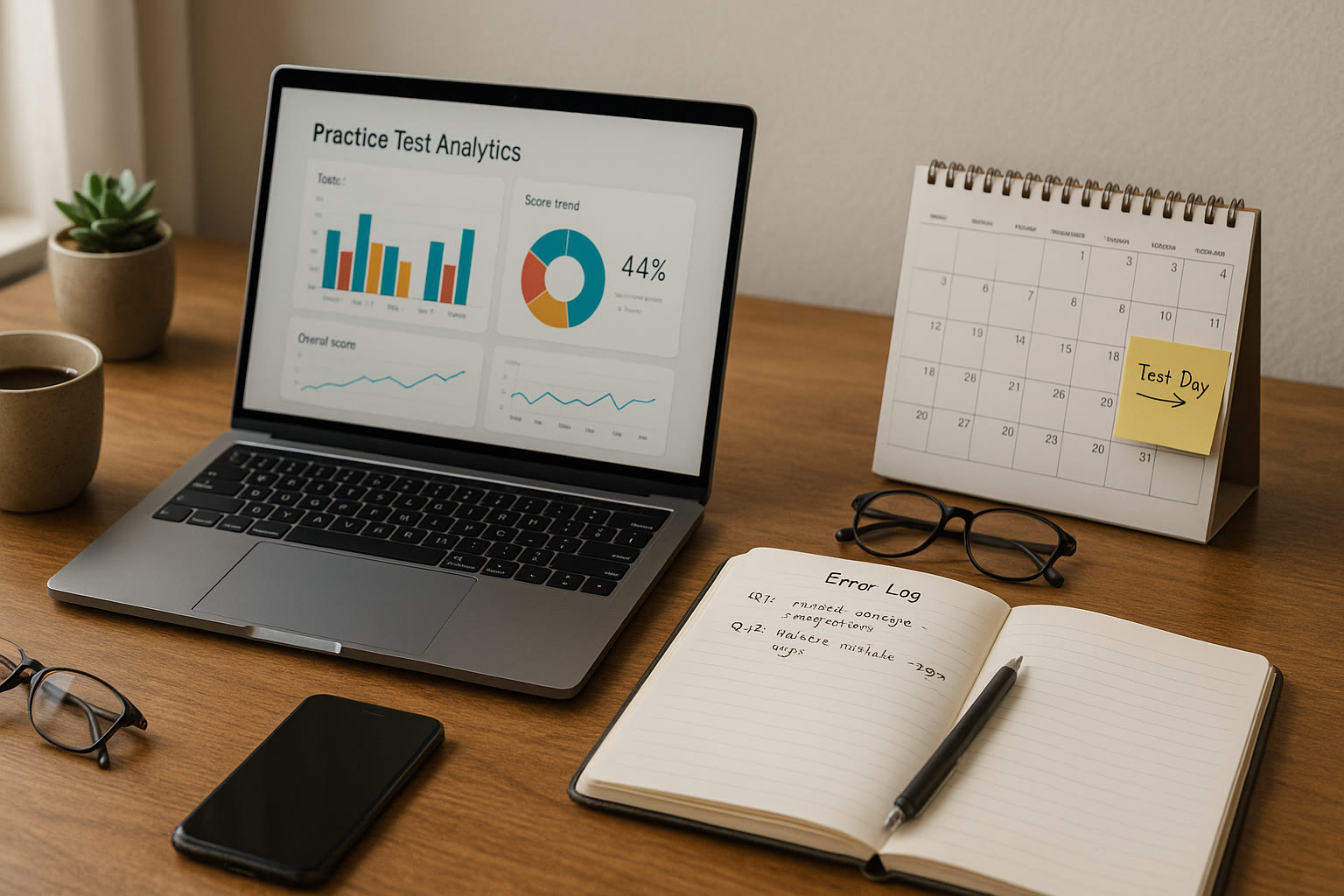 Photo Idea : A tidy study space with a laptop showing practice test analytics, a notebook with an error log, and a calendar open marking a future test date.