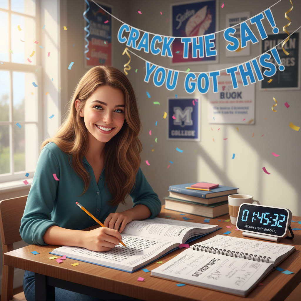 Student at a desk taking a timed full-length SAT practice test, with a clock and notebook nearby to mimic test-day conditions.