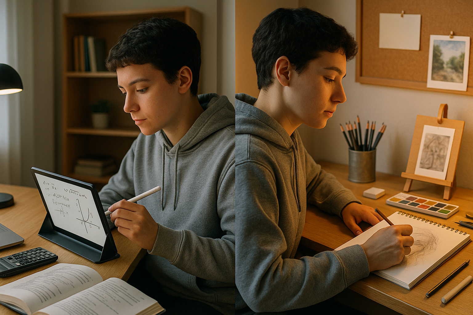 Photo Idea : A split-scene image showing a student on the left solving a math problem on a tablet and on the right sketching an art piece — representing the dual paths of STEM and Arts applications.