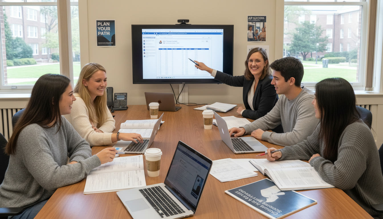 Photo Idea : A small group of students meeting with an academic adviser around a table, course catalogs open and laptops visible — illustrating first‑year planning, placement test discussion, and the collaborative process of turning AP credits into a course plan.