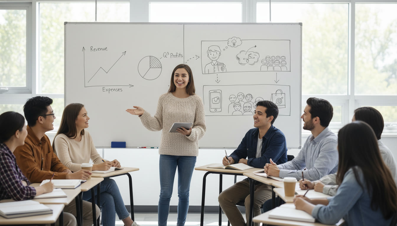 Photo Idea : A candid shot of a student presenting a class project to peers, with a whiteboard showing a simple financial chart on one side and a marketing storyboard on the other — conveying the bridge between numbers and narrative.