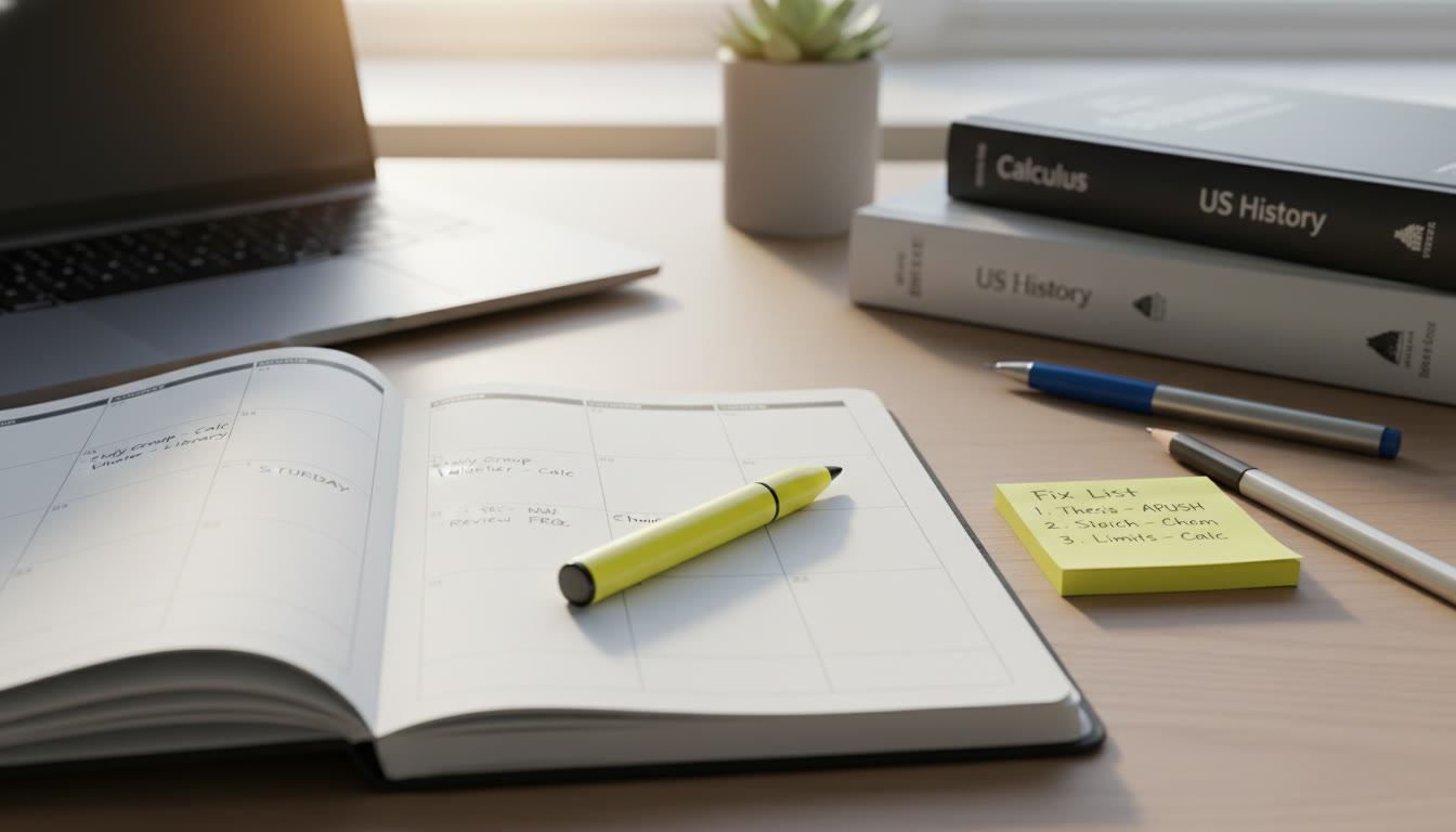Photo Idea : A tidy study desk with a planner open showing a weekend calendar, a highlighter, and a small sticky-note list titled 