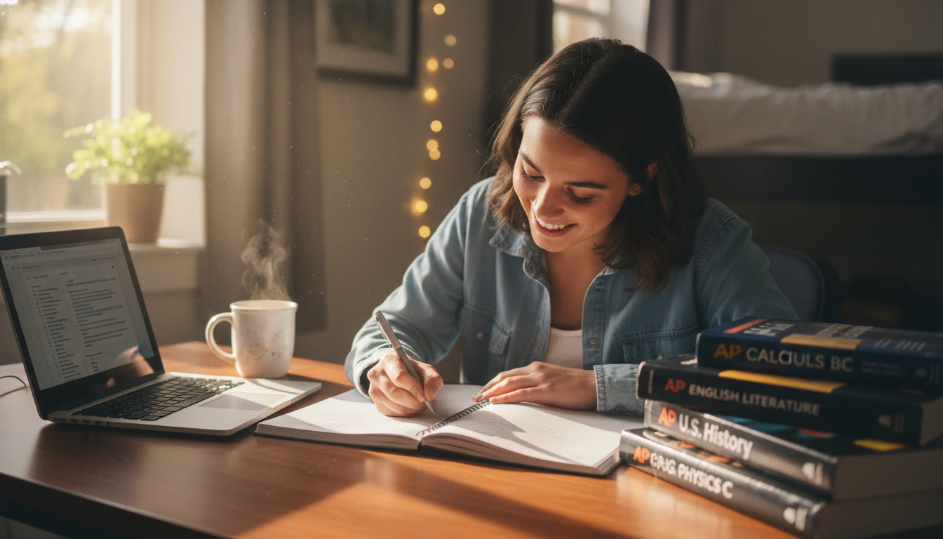 Photo Idea : A student at a desk surrounded by AP textbooks, scribbling notes with a mug and a laptop open to notes — warm, natural light, candid study mood. (Top of article, within first 30%.)