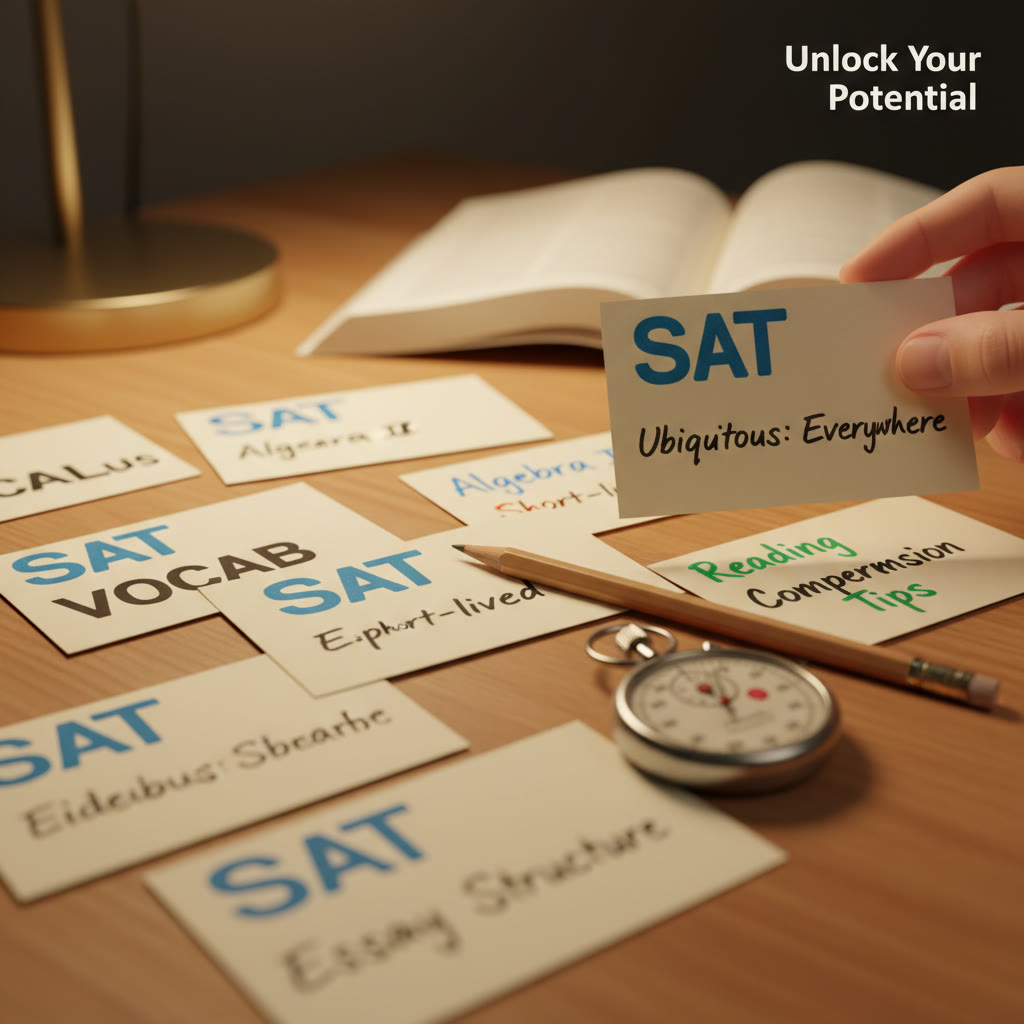 Close-up of handwritten SAT flashcards spread on a desk with a pencil and small stopwatch—a tactile study scene conveying active recall practice.