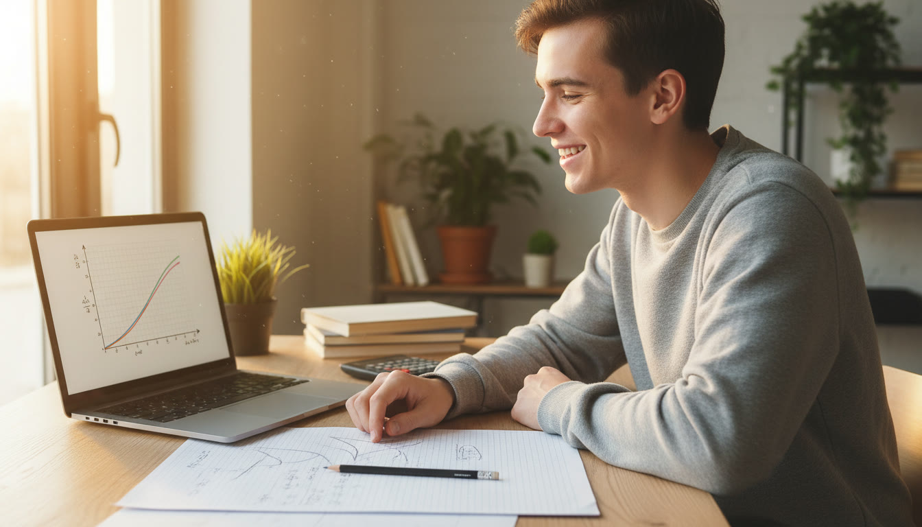 Photo Idea : A high-resolution photo of a student at a desk with graph paper and a laptop open to a velocity-time graph; warm light, natural study environment to convey focused studying.