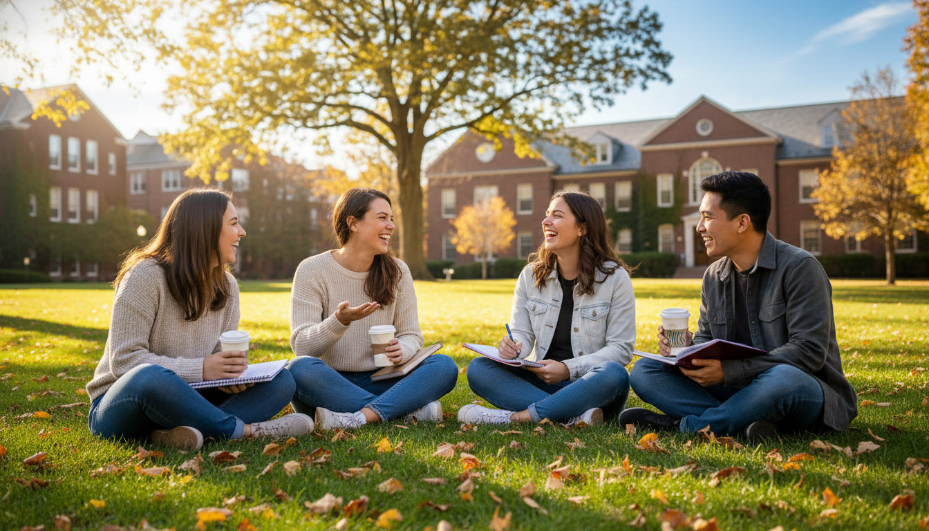 Photo Idea : A bright, candid photo of a small group of students on a leafy Amherst campus quad, mid-conversation with notebooks and coffee — captures community, curiosity, and collegiate freedom.