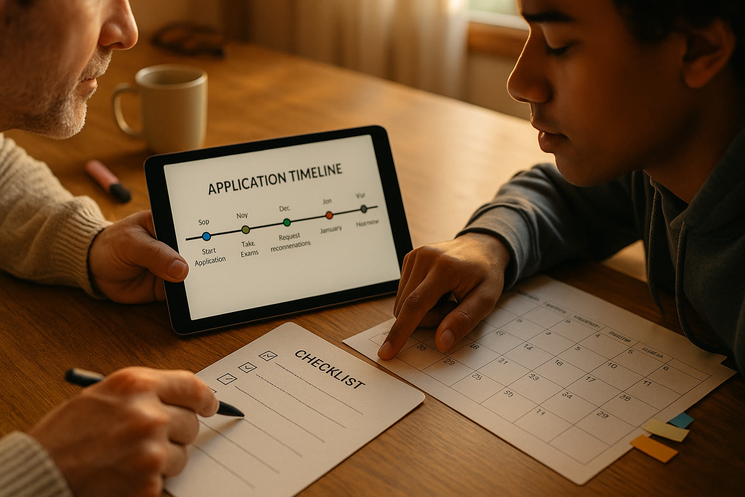 Photo Idea : Close-up of a parent and student reviewing an application timeline on a tablet, with a printed checklist and a calendar visible. Warm, collaborative mood.