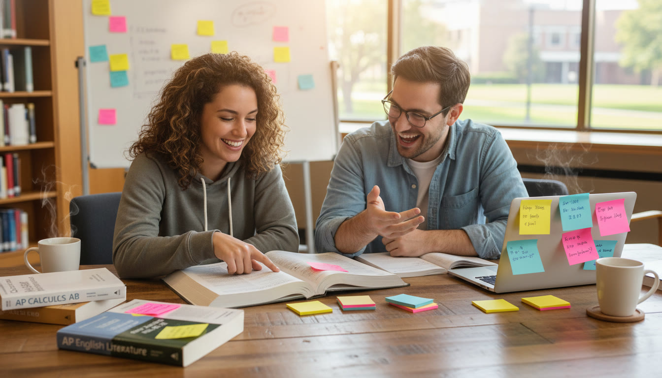 Photo Idea : A warm, natural shot of a student studying with a tutor, AP study materials and sticky notes on the table—captures targeted preparation and the human connection in tutoring.