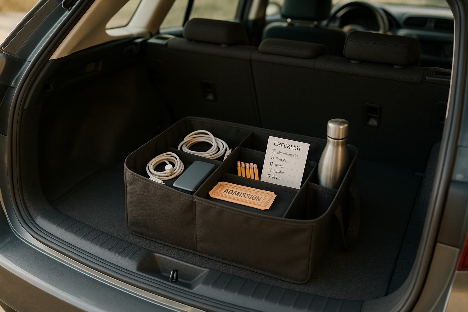 Photo Idea : A neat, open car trunk showing an organized carpool bag with chargers, printed admission ticket, pencils, water bottle, and a checklist card laid on top.