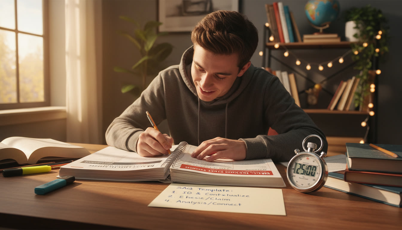 Photo Idea : A focused student at a desk with a Collegeboard AP exam packet, stopwatch, and a tidy notecard with an SAQ template written on it — natural light, warm tones, study-in-action vibe.