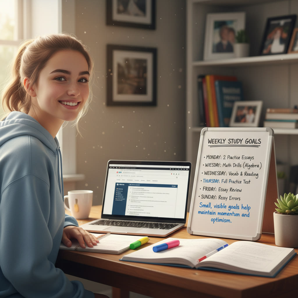 Photo idea: A student at a desk with notes, a laptop open to practice questions, and a small whiteboard that lists a week's study goals—caption: 