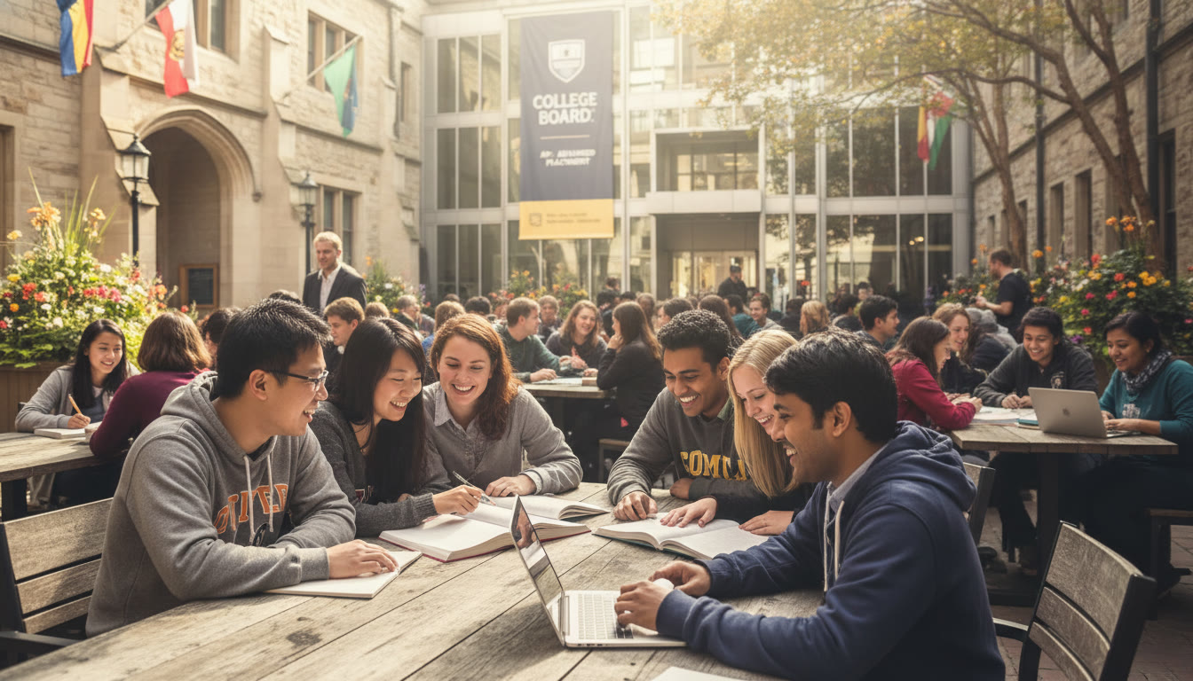 Photo Idea : A bright, candid photo of an international university campus courtyard with a diverse group of students studying together — conveys global opportunity and belonging.