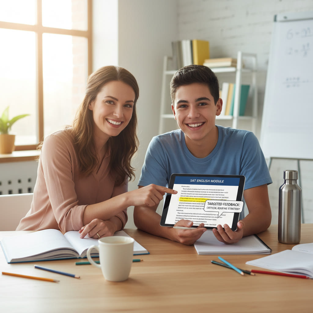 Photo idea: A tutor and student working together over a tablet, tutor pointing to a highlighted passage. Description: Personalized tutoring session emphasizing targeted feedback for digital-style modules.