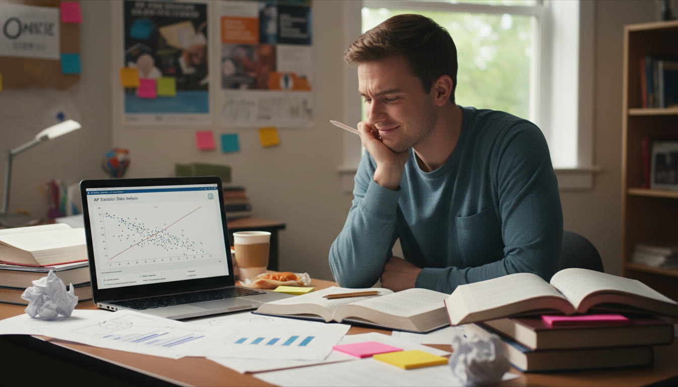 Photo Idea : A student at a desk surrounded by AP Statistics notes and graphs on a laptop screen—focus on the student analyzing a scatterplot with a thoughtful expression.