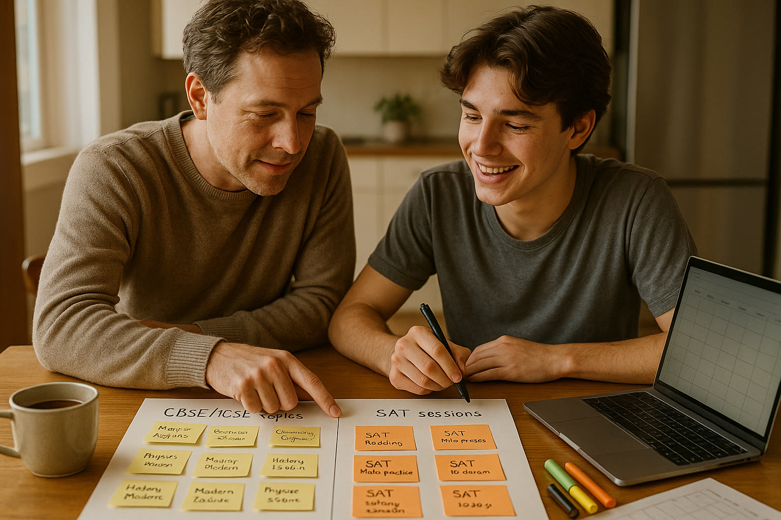 Photo Idea : A parent and teen at a kitchen table planning a study calendar together with sticky notes—one column for CBSE/ICSE topics and another for SAT sessions, showing collaboration and calm organization.