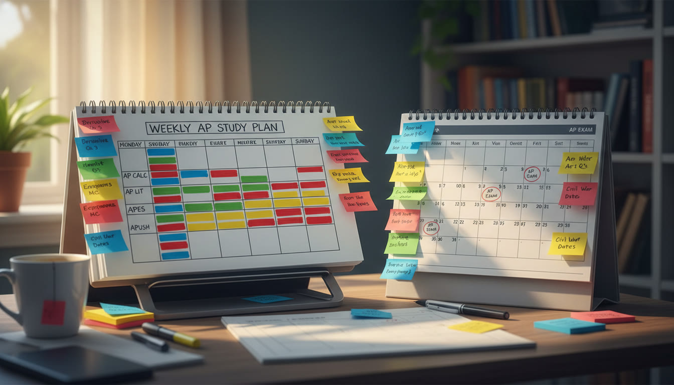 Photo Idea : A bright study desk with a calendar, color-coded sticky notes, and an open notebook showing a weekly study matrix—captures the feeling of organized, calm pacing early in the article to set the tone.