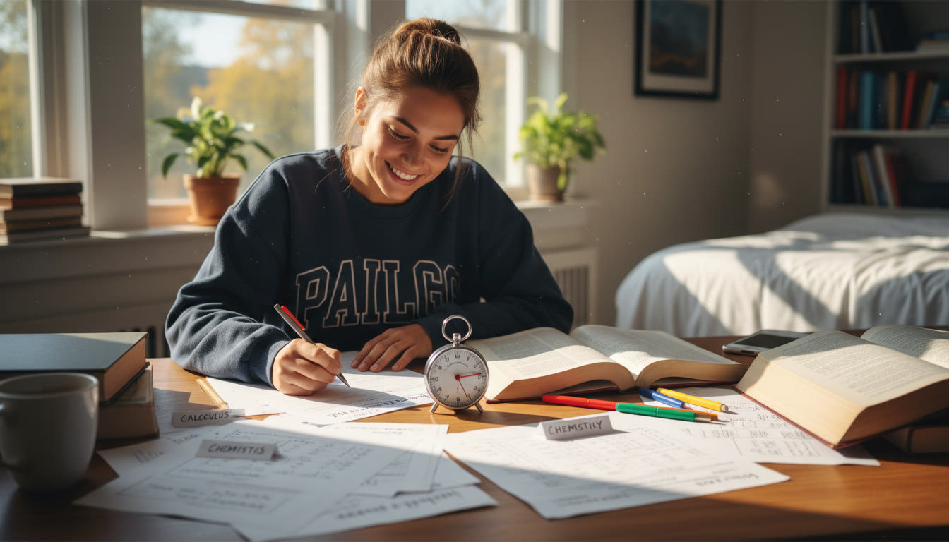 Photo Idea : A student at a desk with a timer, scattered practice sheets labeled Calculus, Statistics, Physics, and Chemistry — warm morning light, focused expression.