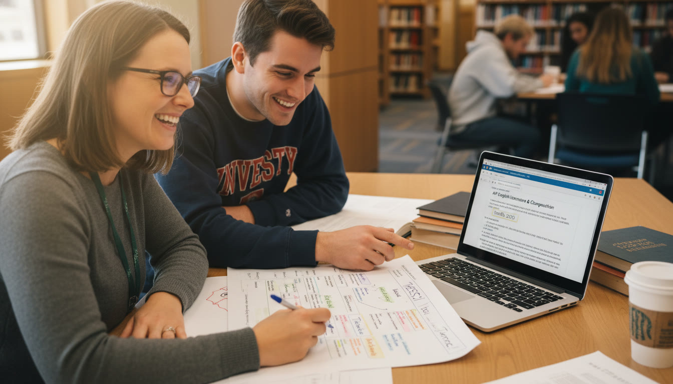 Photo Idea : A student meeting with a tutor over a laptop and annotated paper, showing a friendly interaction. The focus should be on collaboration, annotated notes, and the tutor pointing to a citation example on the screen.