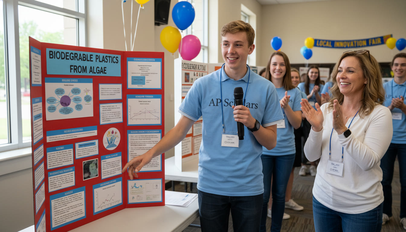 Photo Idea : A teenager presenting a science poster at a local fair, with a proud parent applauding nearby. The photo should capture accomplishment and the real-world payoff of focused study.