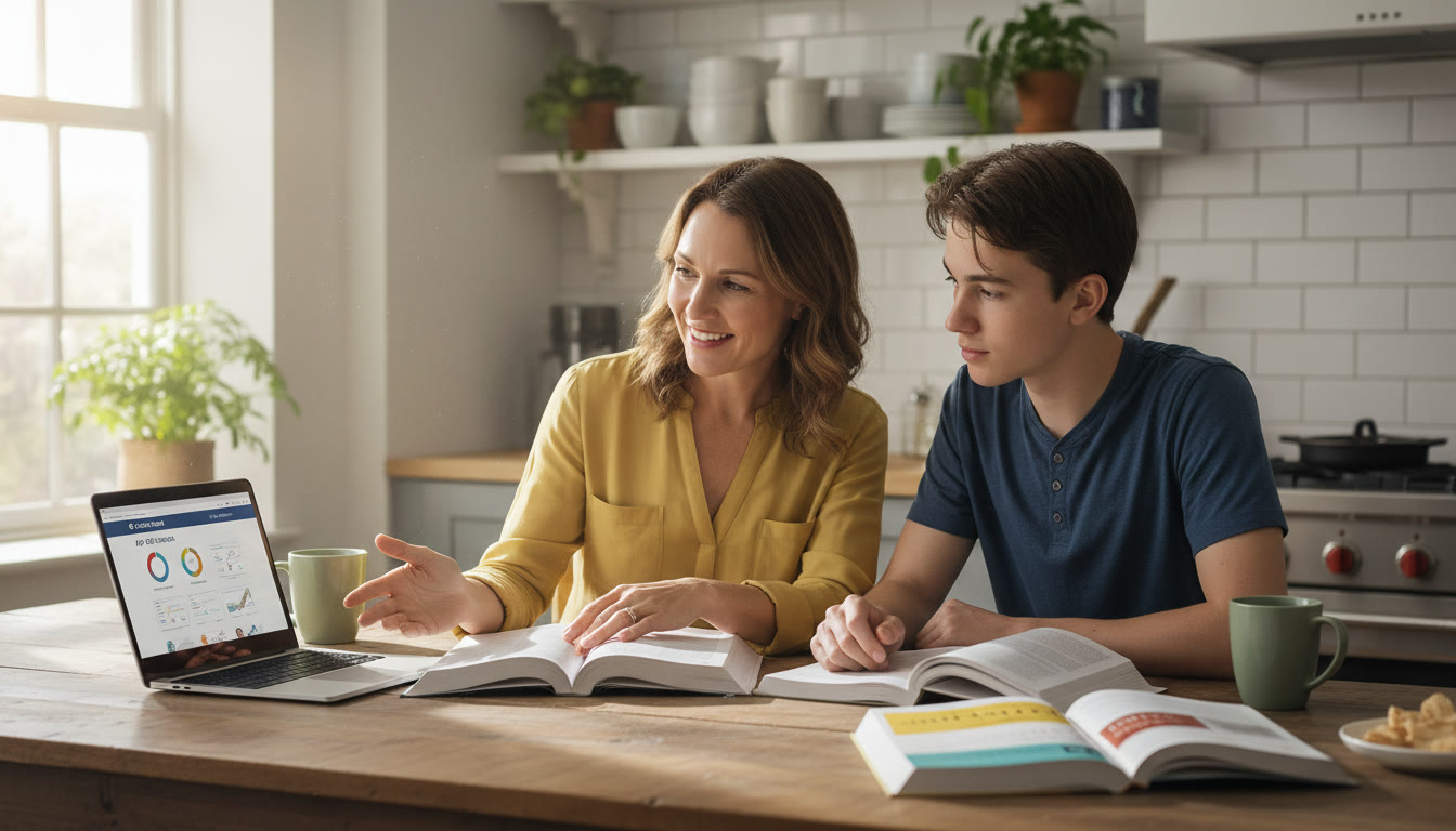 Photo Idea : A parent and teen at a kitchen table with open textbooks and a laptop, looking thoughtful but engaged — conveys a shared moment of planning and decision-making early in the article.