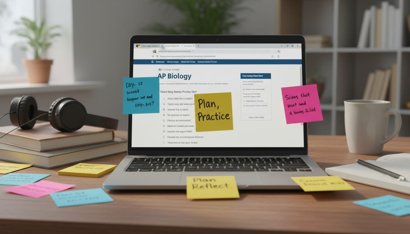 Photo Idea : A close-up of a study desk with sticky notes, a laptop displaying a practice test interface, and a sticky note that reads 