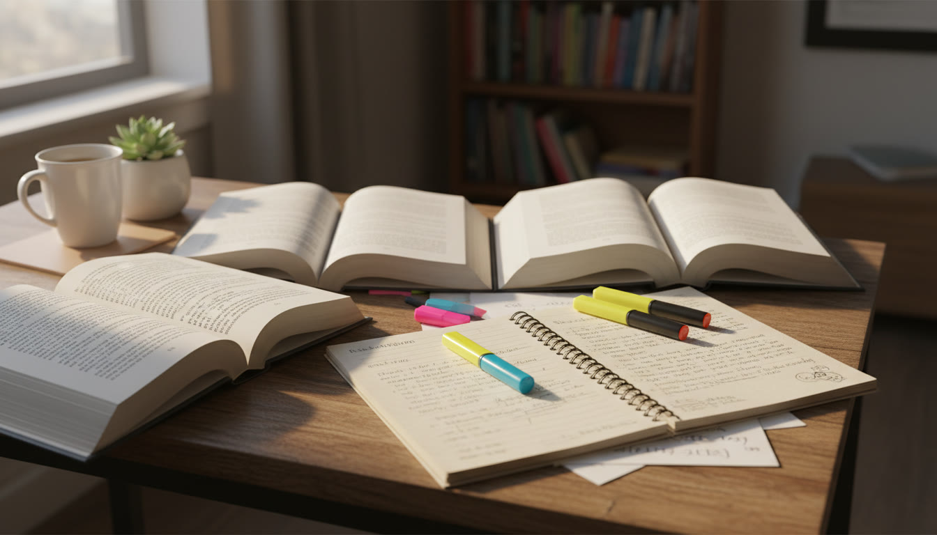 Photo Idea : A cozy study desk with open poetry anthologies, a well-worn notebook, and highlighters — suggesting active, attentive reading.