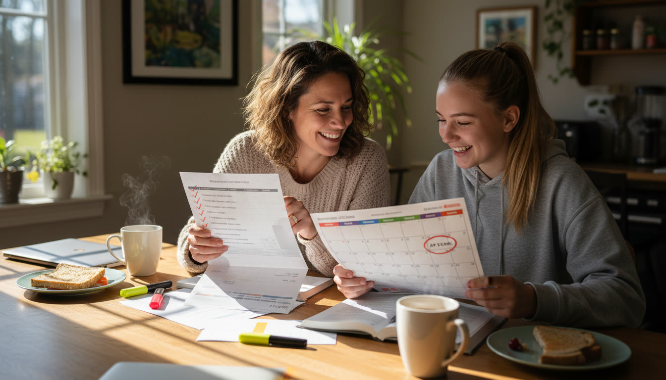 Photo Idea : A warm, candid shot of a parent and teen spread over a kitchen table with a checklist and calendar, morning light streaming in — conveys planning, collaboration, and calm preparation.