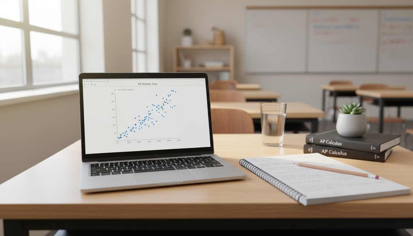 Photo Idea : A tidy, classroom desk with an open laptop showing a clean scatterplot on the screen; natural light and notebook with penciled notes beside it.