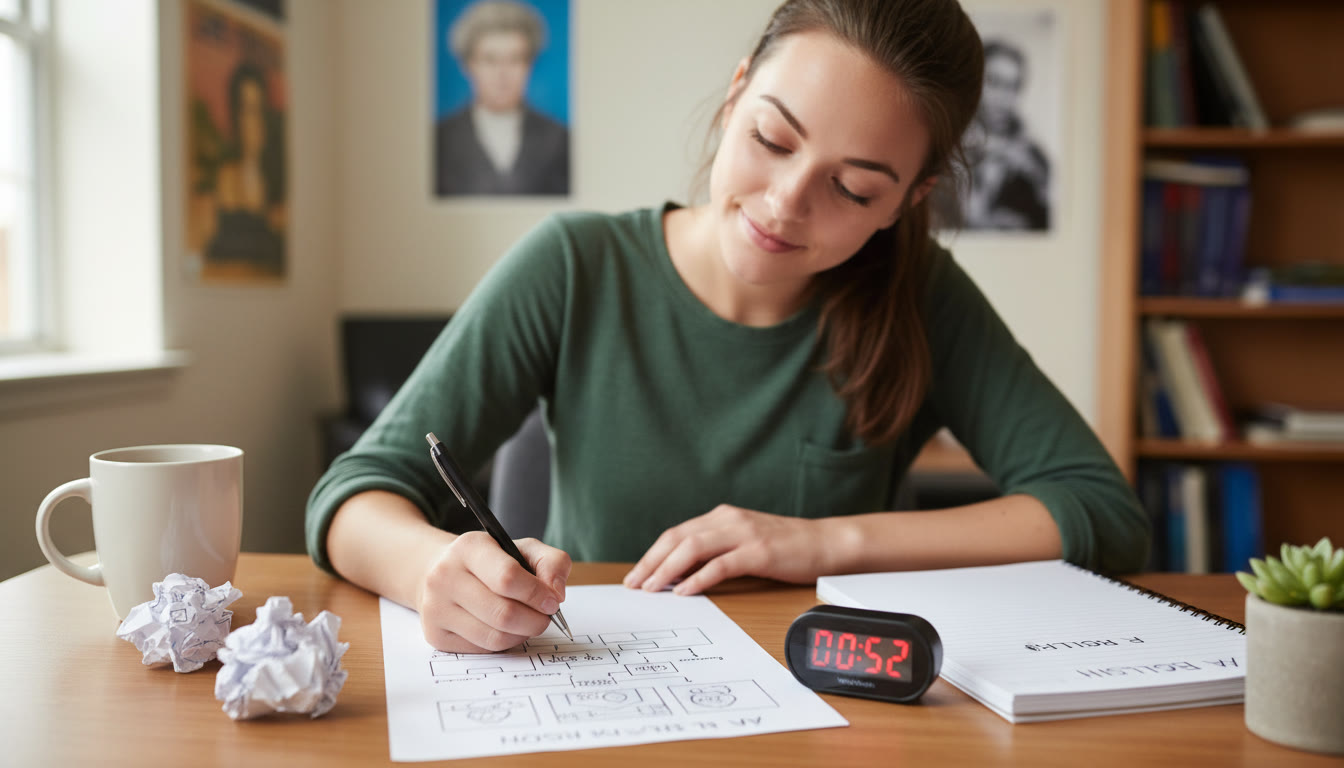 Photo Idea : A student at a desk with a stopwatch and scratch paper, mid-outline—calm focus, pen poised. This visual should appear early to reinforce the 