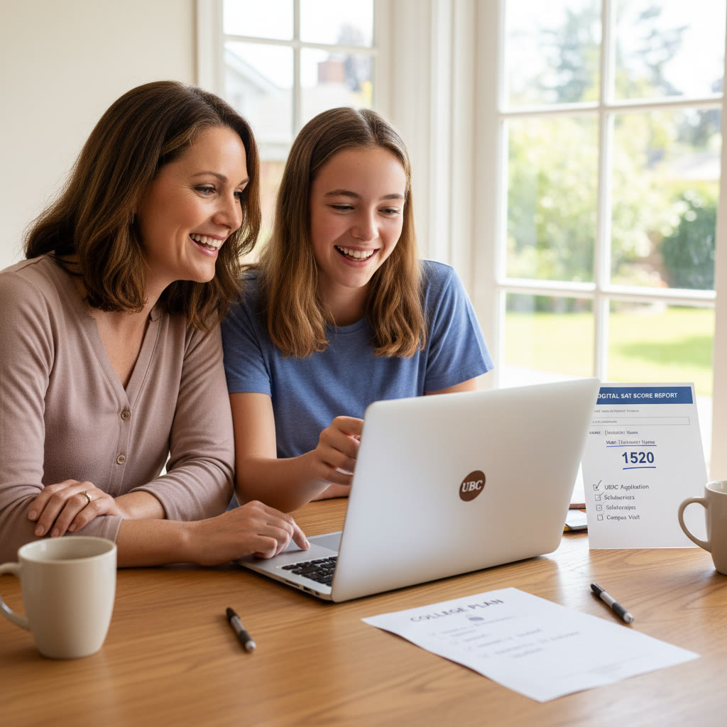 Photo Idea : A parent and student reviewing a college checklist together at a kitchen table with a laptop open to a UBC application portal and a printout of a digital SAT score report—emphasizing family teamwork in planning.