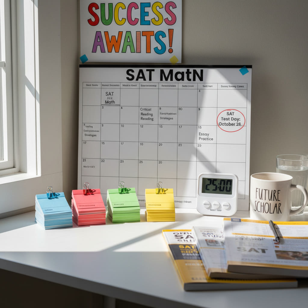 A neatly organized desk with color-coded flashcards, a calendar showing a study plan, and a timer for practice sessions.