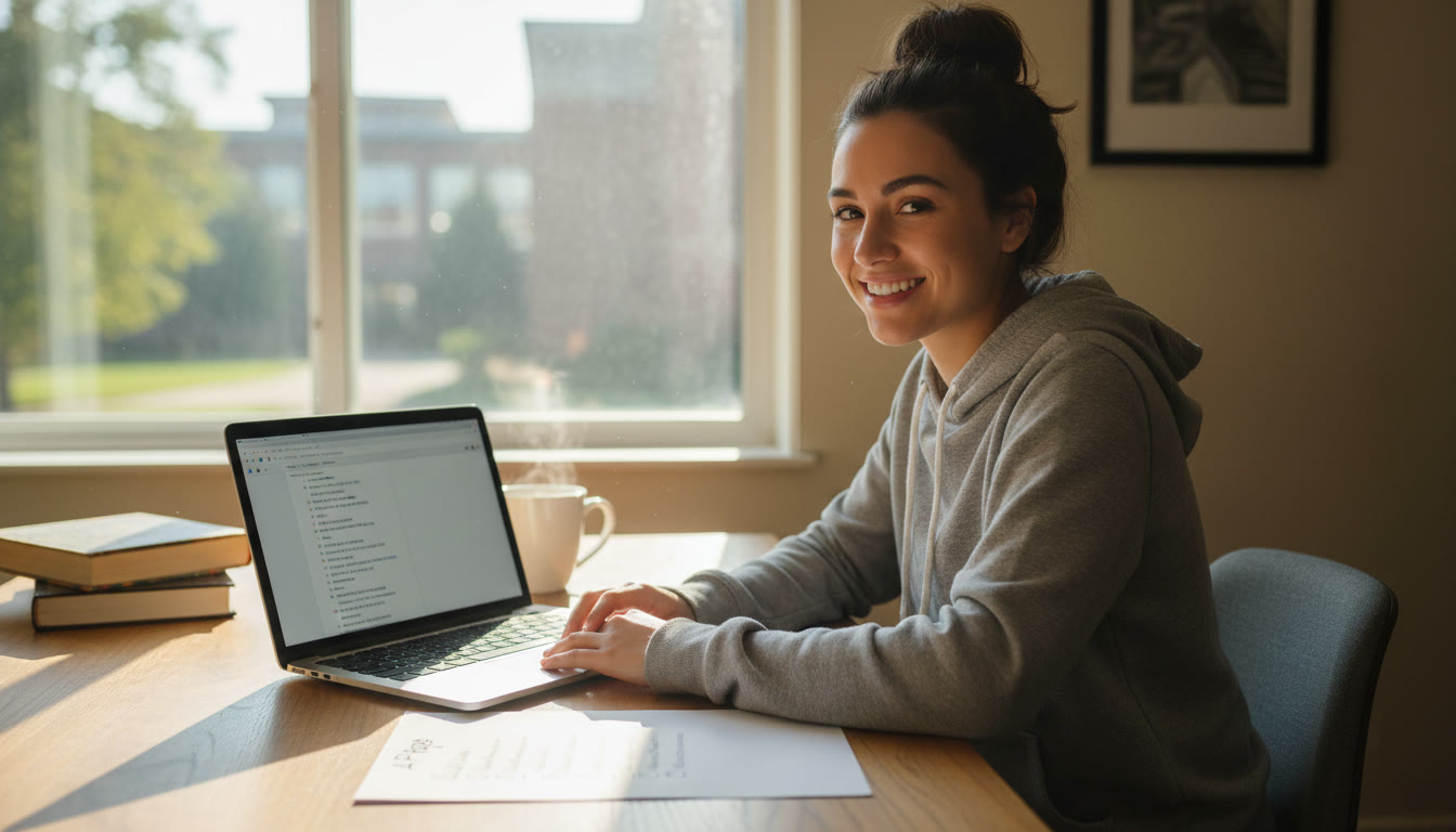 Photo Idea : A calm student at a desk with a laptop and a checklist, natural morning light—visualizes the pre-exam routine and preparation.
