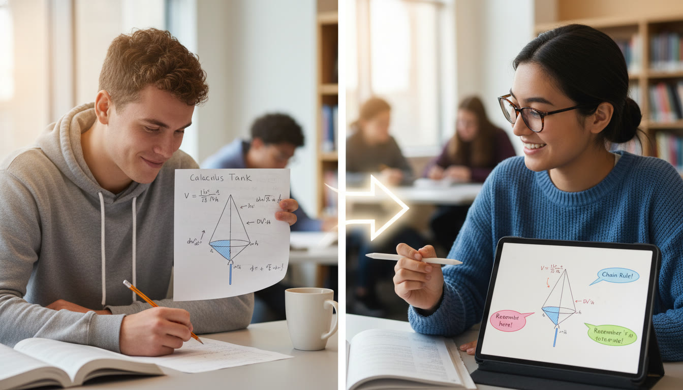 Photo Idea : A split image: left side shows a student working a related rates diagram on paper, right side shows a tutor annotating a digital solution on a tablet. The image should feel collaborative and focused, placed near the end as a final motivational nudge.