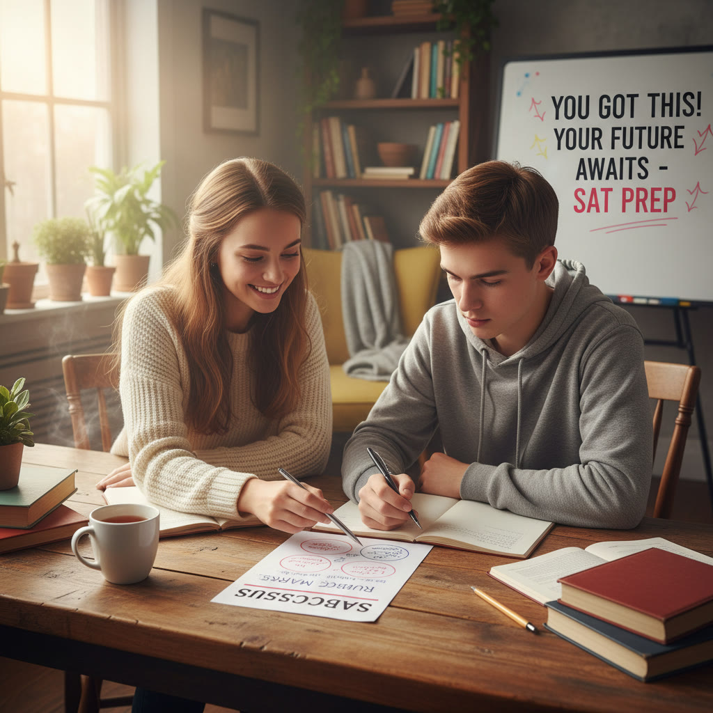 Photo idea: A tutor and student in a cozy study session, pointing at a paper with rubric marks and a warm, encouraging atmosphere.