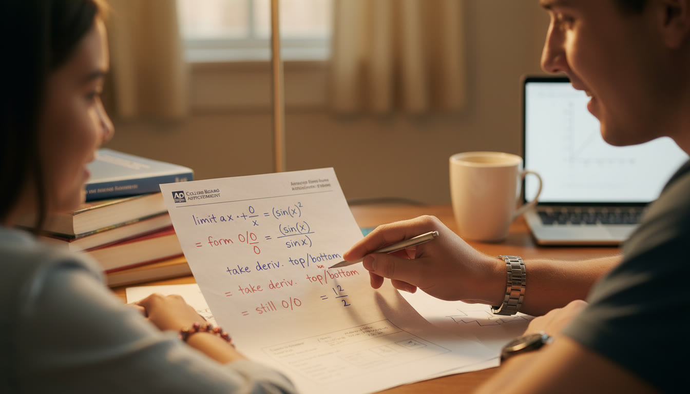 Photo Idea : Close-up of a worksheet with a worked L’Hôpital’s Rule problem, annotated in pen with brief explanations; a tutor’s hand pointing to a step. Warm indoor lighting, focus on interaction.