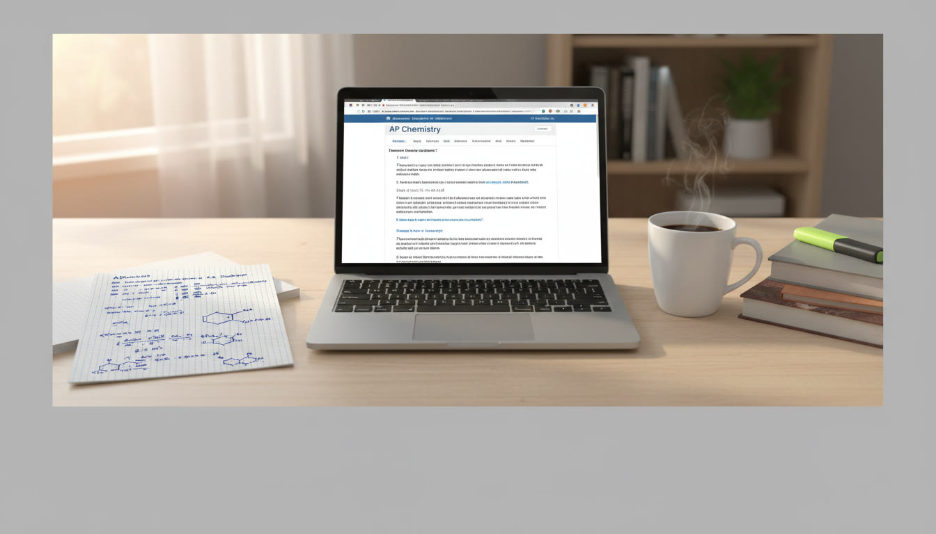 Photo Idea : A neat spread of study materials on a desk — a compact, handwritten formula sheet beside a laptop showing AP practice questions, with a cup of coffee and soft natural light. This image sits in the top 30% of the article to immediately set a practical, focused mood.