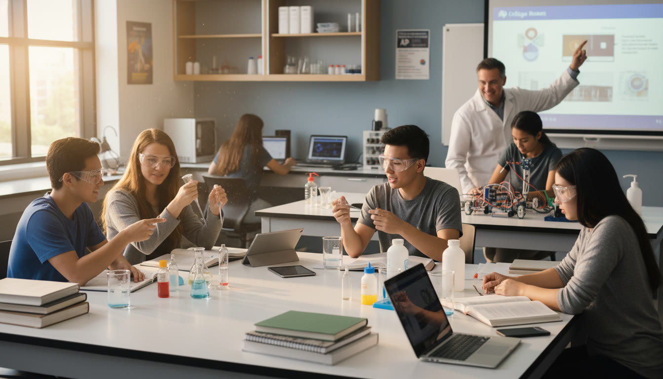 Photo Idea : A bright school lab with students working in small groups under the supervision of a teacher; materials, notebooks, and laptops are visible to show the hybrid nature of modern lab work.