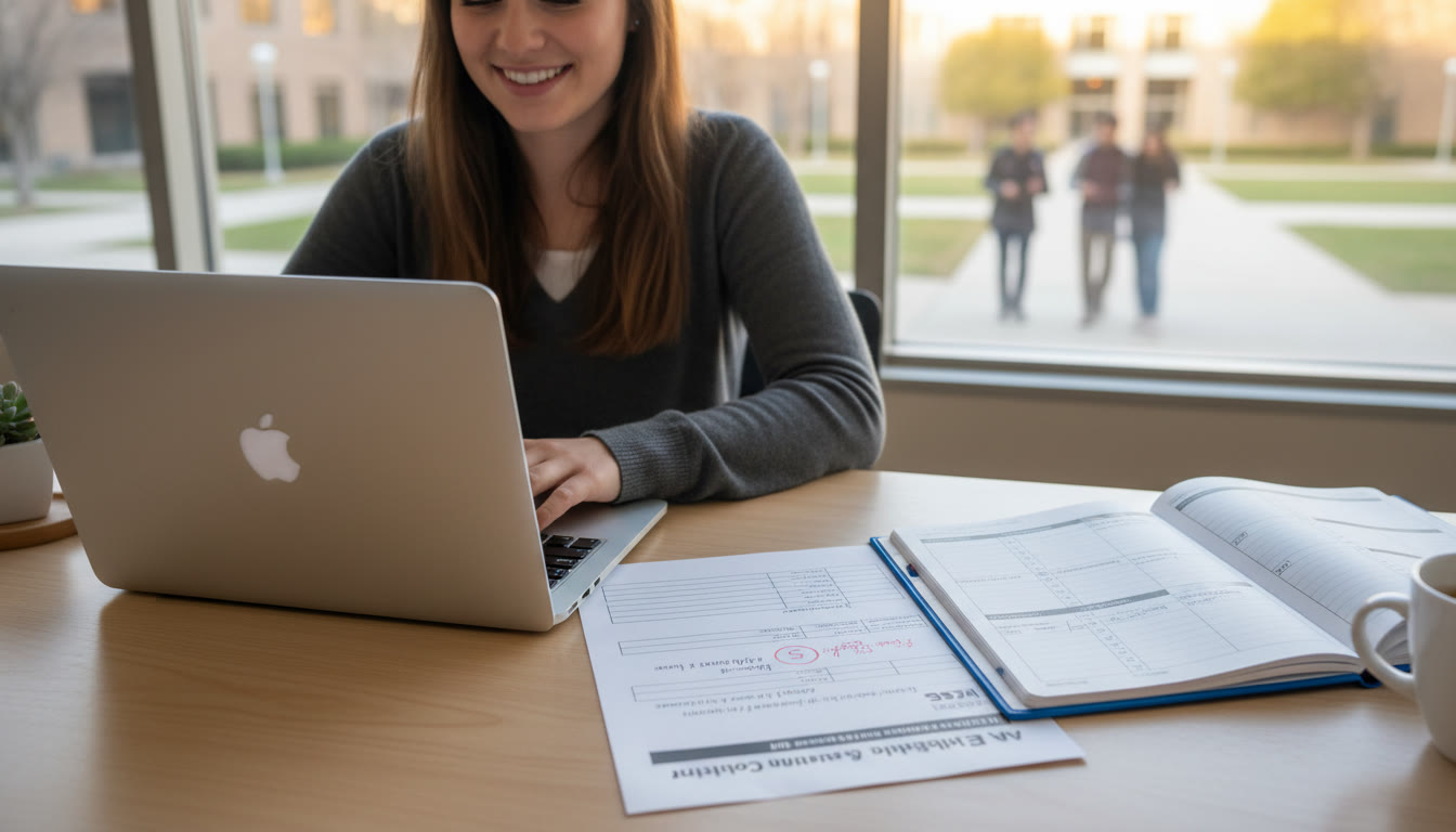 Photo Idea : A calm workspace with a student closing a laptop after a study session, a printed rubric on the desk, and a planner showing a clear study schedule. This image should convey closure, routine, and readiness.
