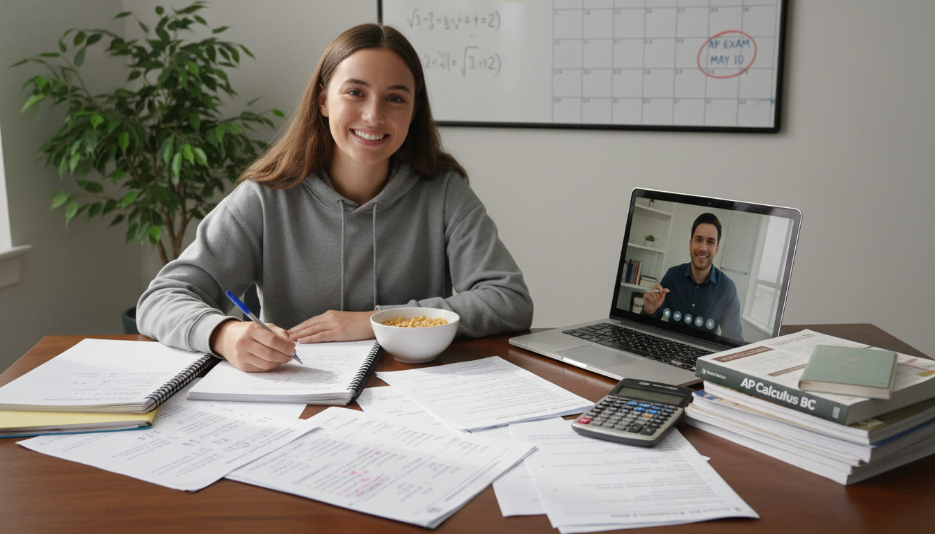 Photo Idea : A student at a desk with a laptop, graphing calculator, and notes with a tutor on a video call—illustrates blended personalized tutoring and independent study.