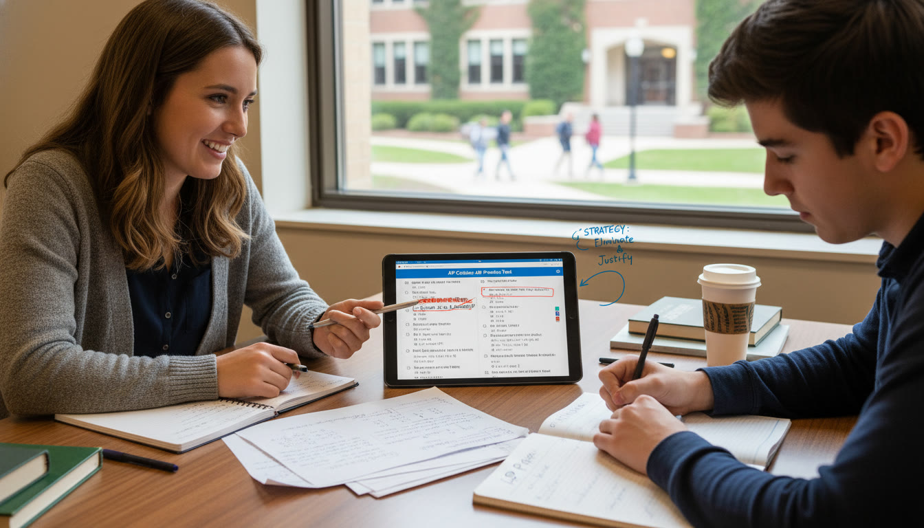 Photo Idea : A tutor and student working over a tablet with practice test pages visible; the tutor points at a strategy note while the student takes notes shows personalized instruction supporting ethical, test-focused prep.