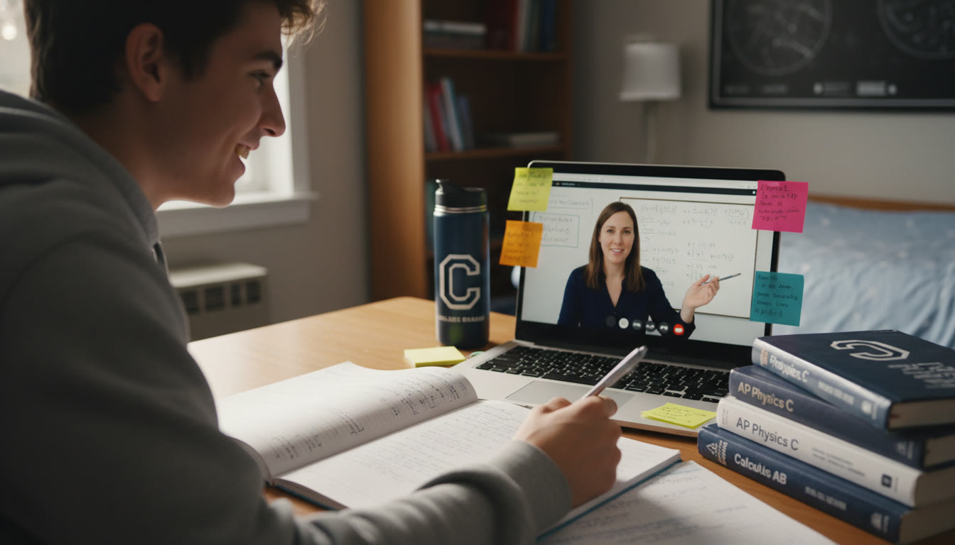 Photo Idea : Close-up of a student receiving one-on-one tutoring over video call, with notes and a laptop visible — illustrating personalized support and focused progress.