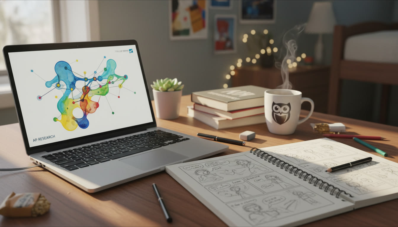 Photo Idea : A close-up of a laptop screen showing a colorful data visualization next to a sketchbook with hand-drawn storyboards—tools of both worlds visible on a shared desk.