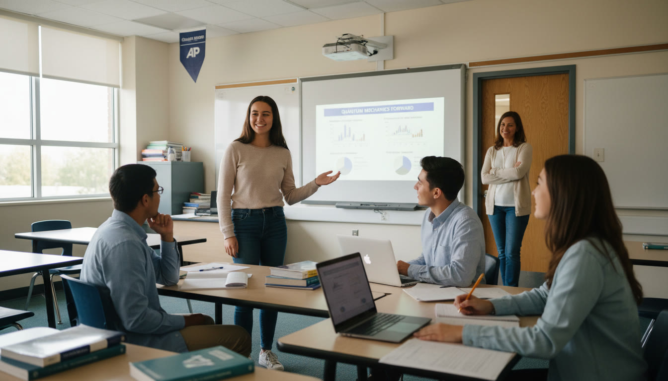 Photo Idea : A student presenting to a small group in a classroom while a parent watches from the back — capturing the moment of practice and supportive presence.