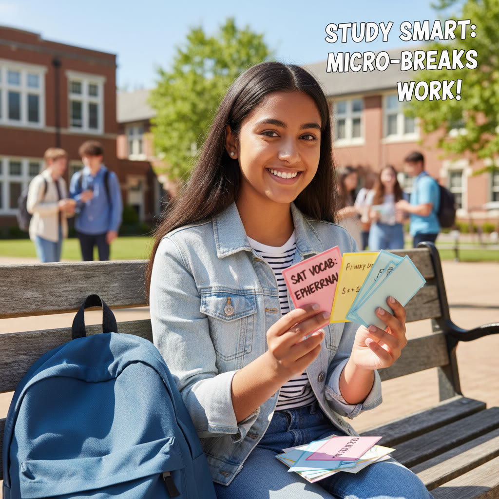 Photo idea: A student with a backpack sitting on a school bench, reviewing flashcards during a short break — illustrates micro-block study during school transitions.